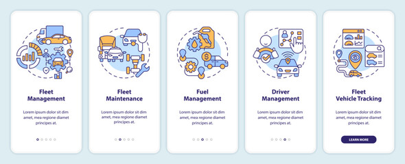 Fleet management onboarding mobile app screen. Vehicle maintenance. Walkthrough 5 steps editable graphic instructions with linear concepts. UI, UX, GUI template. Myriad Pro-Bold, Regular fonts used