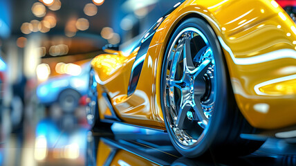 A yellow sports car with a shiny chrome wheel. The car is parked in a showroom with a shiny floor....
