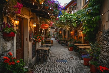A quaint cafe nestled in a cobblestone alley, with outdoor seating surrounded by colorful flowers...