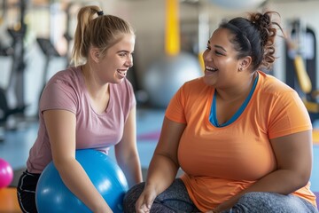 Portrait of smiling young women sitting on exercise mat in fitness center