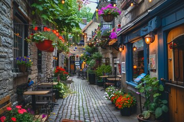 A quaint cafe nestled in a cobblestone alley, with outdoor seating surrounded by colorful flowers and twinkling fairy lights, Generative AI