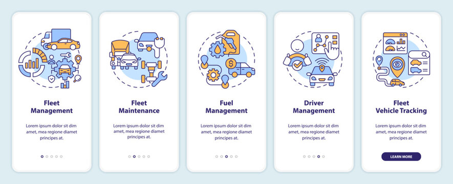 Fleet management onboarding mobile app screen. Vehicle maintenance. Walkthrough 5 steps editable graphic instructions with linear concepts. UI, UX, GUI template. Myriad Pro-Bold, Regular fonts used
