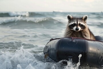 raccoon in rubber dinghy, waves gently rocking the boat