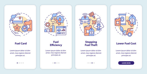 Fuel consumption optimization onboarding mobile app screen. Walkthrough 4 steps editable graphic instructions with linear concepts. UI, UX, GUI template. Myriad Pro-Bold, Regular fonts used