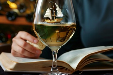 person reading a book with a small ship sailing in a glass of white wine