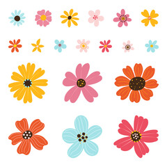 Collection isolated different colorful hand drawn heads of flower in flat vector style.
