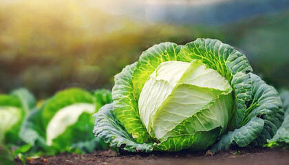 Fresh cabbage on the ground in garden. Organic agriculture. Natural and healthy food. - obrazy, fototapety, plakaty