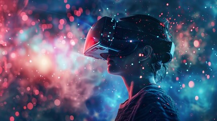 Metaverse technology concept. Woman with VR virtual reality goggles.