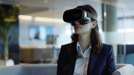 Business woman wearing VR goggles wearing virtual reality goggles in modern coworking office. - 764610581