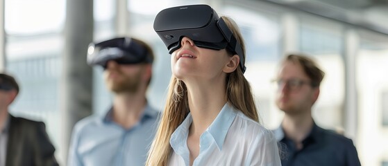 Business woman wearing VR goggles wearing virtual reality goggles in modern coworking office. - 764610594