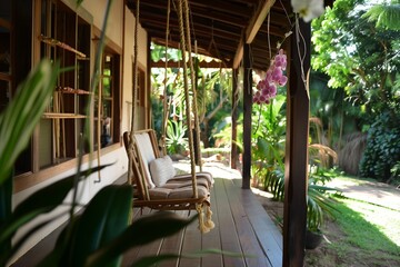 veranda with swing chair, hanging orchids nearby