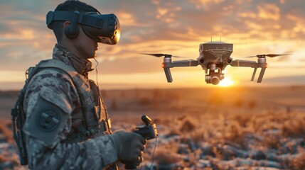 A soldier wearing virtual reality glasses controls a quadcopter. Modern military weapons - obrazy, fototapety, plakaty