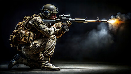 A soldier in combat uniform is kneeling in a shooting position, aiming his assault rifle at a target. - obrazy, fototapety, plakaty