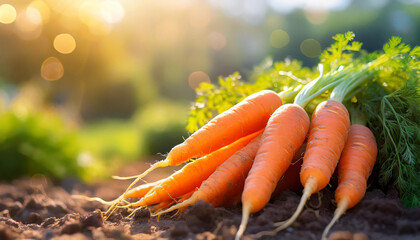 Freshly collected carrots on the ground in garden. Organic agriculture. Natural and healthy food. - obrazy, fototapety, plakaty