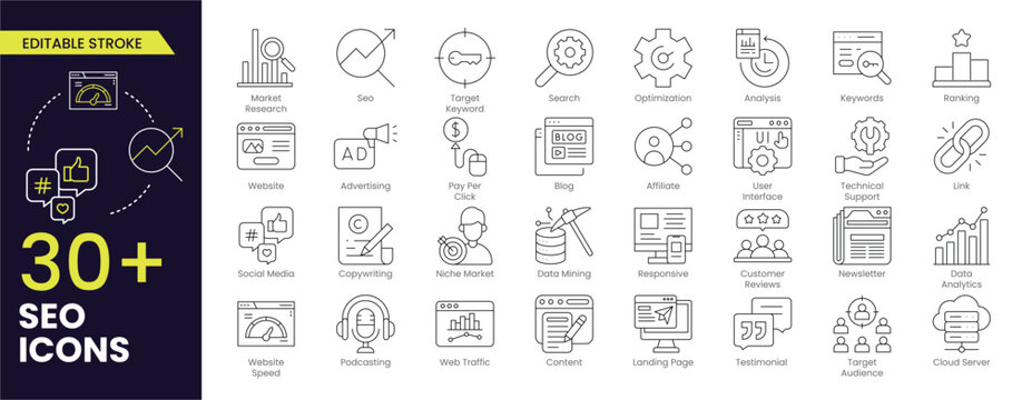 SEO Editable Stroke icon set. Search Engine Optimization icon collection. Containing business and marketing, traffic, ranking, optimization, link and keyword. Editable Outline icons vector collection.