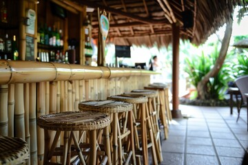 bar area with bamboo stools and thatched roof detail