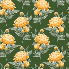 Peonies seamless floral pattern. Yellow flowers on green background.