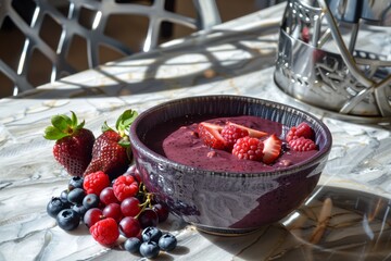 client with acai bowl, fresh berries, steel chairs around - obrazy, fototapety, plakaty