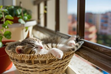 kitten napping in wicker basket on sunny balcony - obrazy, fototapety, plakaty