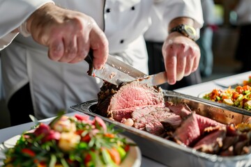chef slicing tender roast beef at event buffet