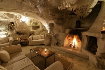 room with a fireplace and seating in a cave hotel setting