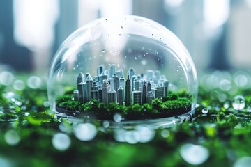 a tiny cityscape enclosed in a clear protective dome - obrazy, fototapety, plakaty