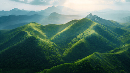 Sunrise over verdant mountains: a bird's eye view embracing environmental conservation and ecology theme. perfect as background, wallpaper, or banner