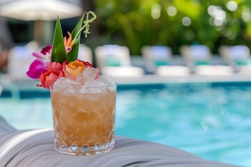 cocktail with floral garnish on a poolside lounger