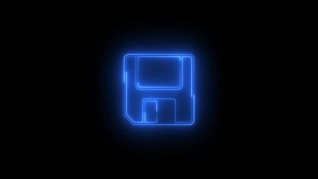 Neon glowing blue floppy disk icon animation in black background