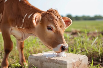 young cow licking salt block in field - obrazy, fototapety, plakaty