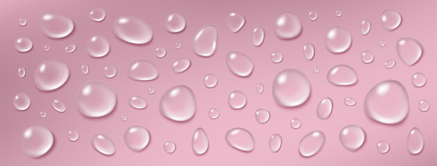 Water drop serum. Gel or oil droplet isolated on pink background, collagen liquid different forms, jelly clear cream hyaluron acid, transparent skin ball surface moisture. Vector glossy realistic set
