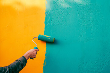 Hand with paint roller on wall, contrasting colors, home improvement concept. Copy space.
