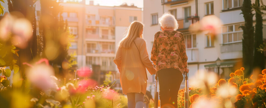 Young woman strolling with elder in spring park, concept of elderly care.