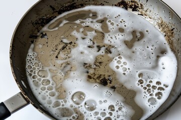 soaked dirty pan with dish soap bubbles on it - obrazy, fototapety, plakaty