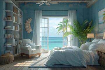 A coastal bedroom with walls adorned with beach-inspired artwork