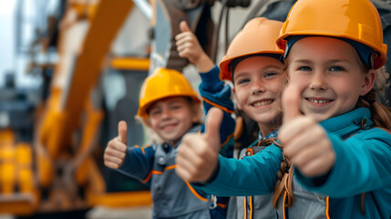 Group of children doing their dream job as Crane Operators at the construction site with crane in the background. Concept of Creativity, Happiness, Dream come true and Teamwork. - 764612195