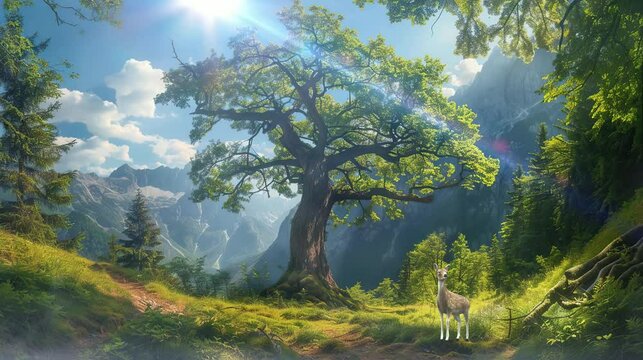 A large, shady and beautiful tree that grows on the mountain slopes. seamless looping time-lapse virtual 4k video Animation Background.