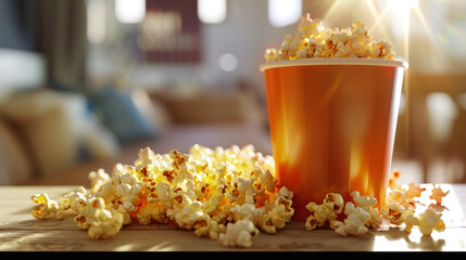 Delicious popcorn is placed on a cute table,