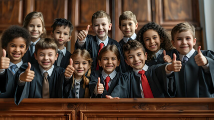 Group of children smiling, having thumbs up doing their dream job as Judges sitting in the court room. Concept of Creativity, Happiness, Dream come true and Teamwork. - 764612363