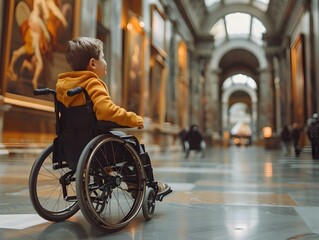 Wheelchair-Bound Child Captivated by Museum's Wondrous Interiors - obrazy, fototapety, plakaty