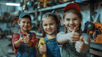 Group of children smiling, having thumbs up doing their dream job as Car Mechanics at the workshop. Concept of Creativity, Happiness, Dream come true and Teamwork. - 764612399