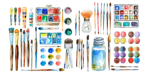 Set of watercolor painting supplies on white background.