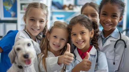 Group of children doing their dream job as Veterinarians at the office. Concept of Creativity, Happiness, Dream come true and Teamwork. - 764612594