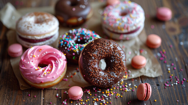 Donuts paired with macarons on a brown wooden table