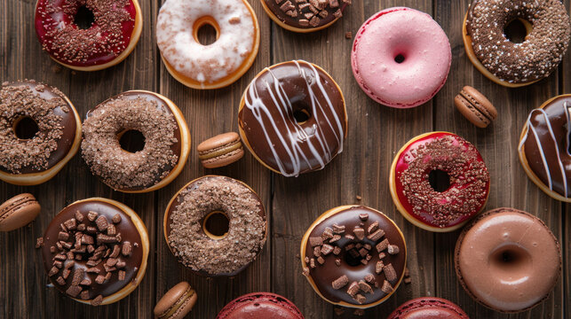 Donuts paired with macarons on a brown wooden table