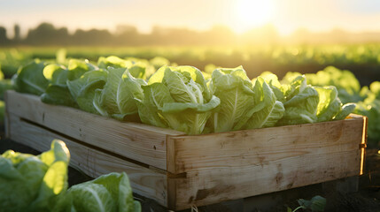 Iceberg lettuce in a wooden box with field and sunset in the background. Natural organic fruit abundance. Agriculture, healthy and natural food concept. Horizontal composition. - 764612710