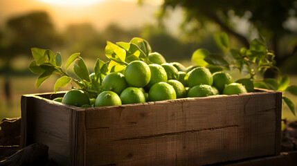 Limes harvested in a wooden box with orchard and sunshine in the background. Natural organic fruit abundance. Agriculture, healthy and natural food concept. Horizontal composition. - obrazy, fototapety, plakaty