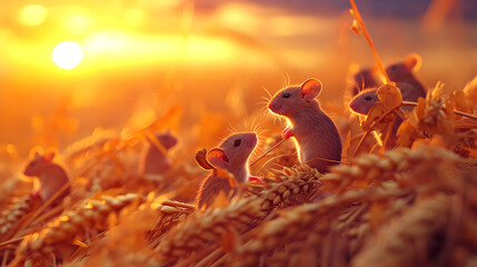 Mice in the harvested field in summer evening with setting sun. Group of wild animals in nature. - 764612767