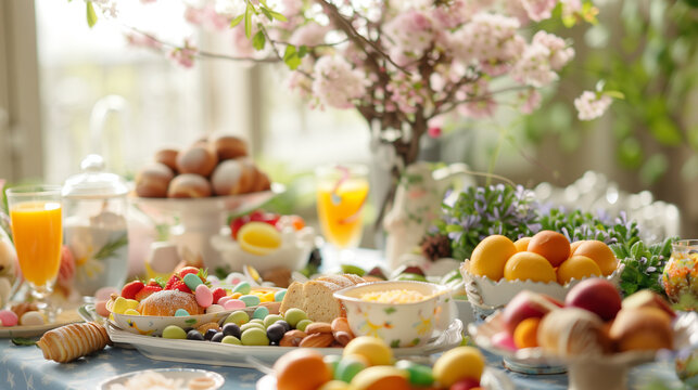 Delicious Easter breakfast on a decorated table::