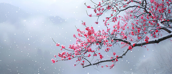 wallpaper beautiful tree branch is covered in heavy snow, misty with white and purple red flowers, covered in snow with plum blossom petals, with empty copy space